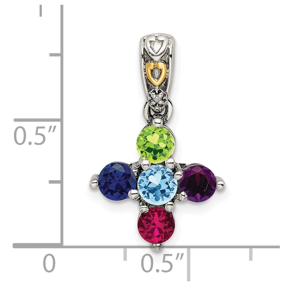 Sterling Silver with 14k Five-stone and Diamond Mother's Pendant on 18in Chain