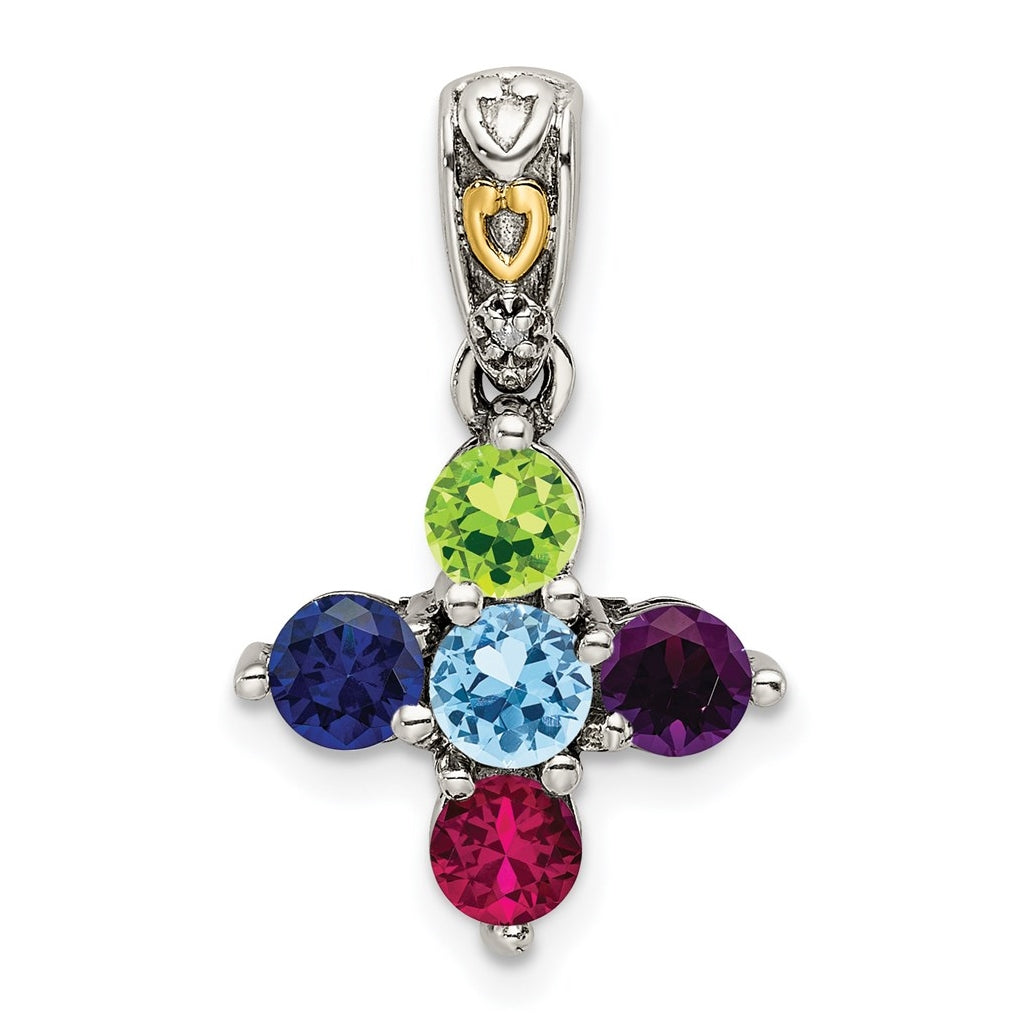 Sterling Silver with 14k Five-stone and Diamond Mother's Pendant on 18in Chain