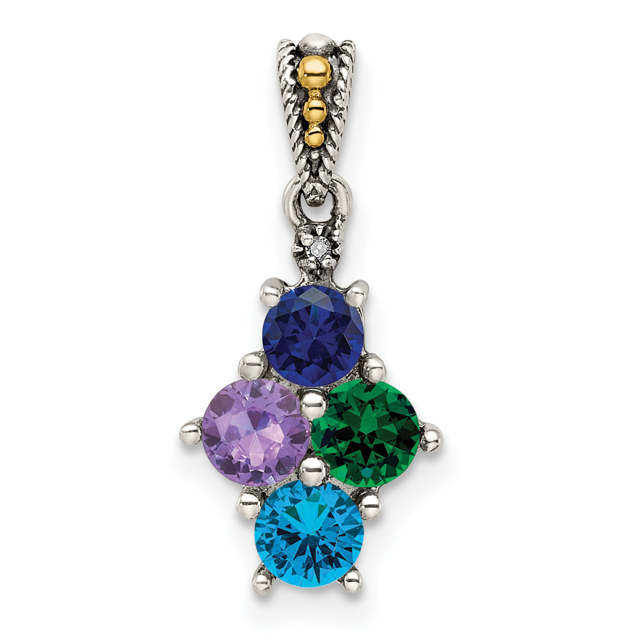 Sterling Silver Antiqued with 14k 4-stone with Diamond Mothers Pendant Semi-Mount