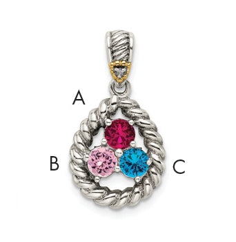 Sterling Silver & 14k Three-stone and Diamond Mothers Pendant on 18in Chain