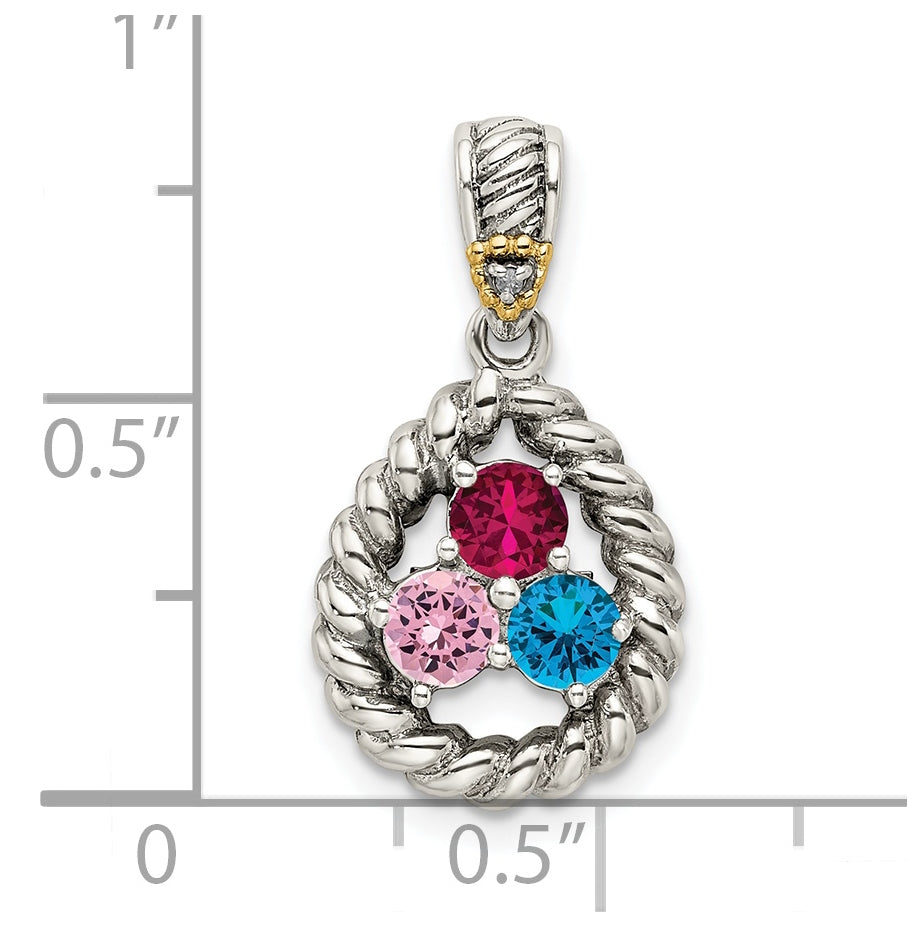 Sterling Silver & 14k Three-stone and Diamond Mothers Pendant on 18in Chain