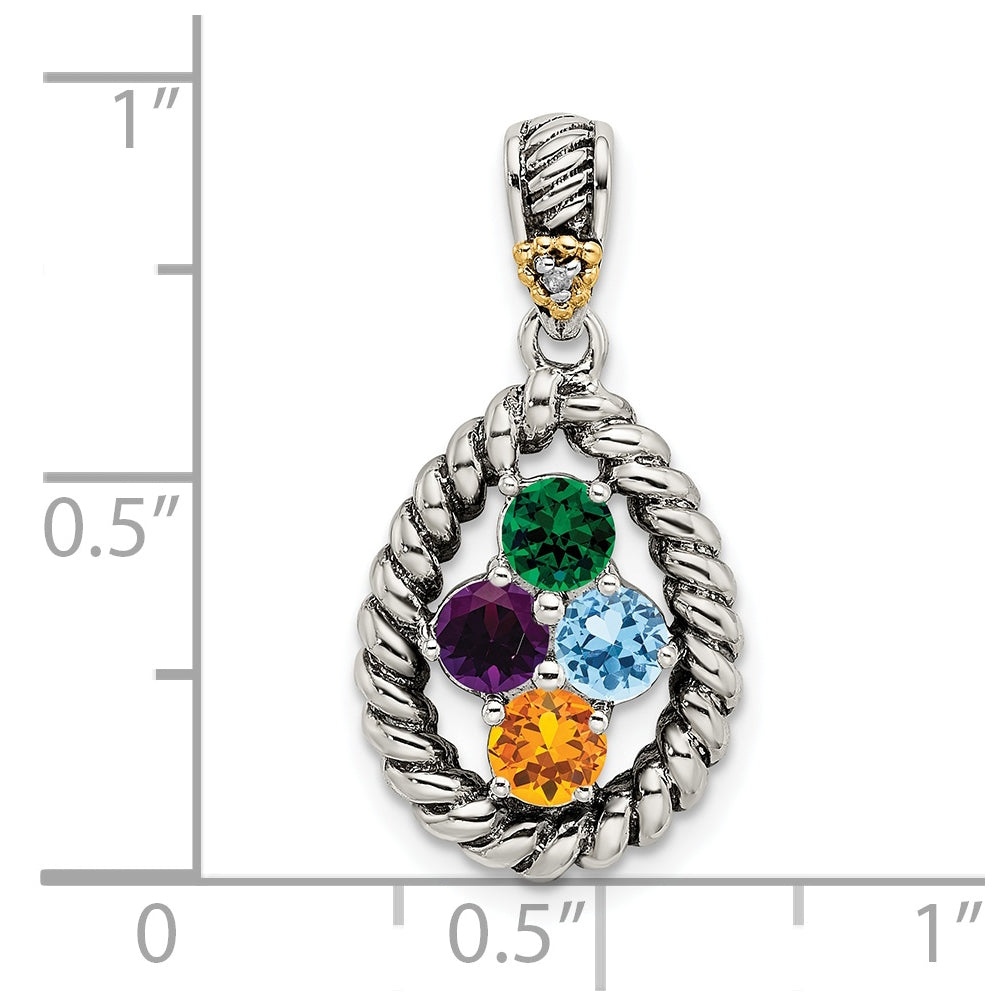 Sterling Silver & 14k Four-stone and Diamond Mothers Pendant on 18in Chain