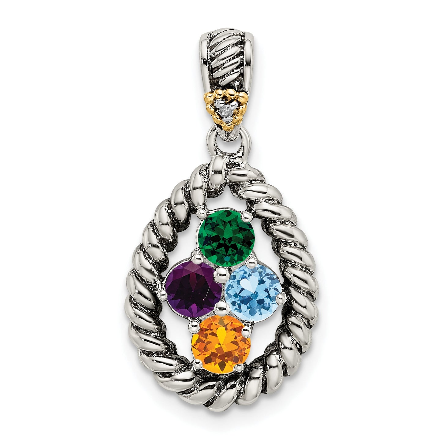 Sterling Silver Antiqued with 14k 4-stone with Diamond Mothers Pendant Semi Mount
