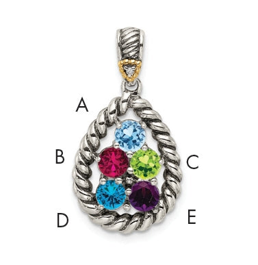 Sterling Silver & 14k Five-stone and Diamond Mothers Pendant on 18in Chain