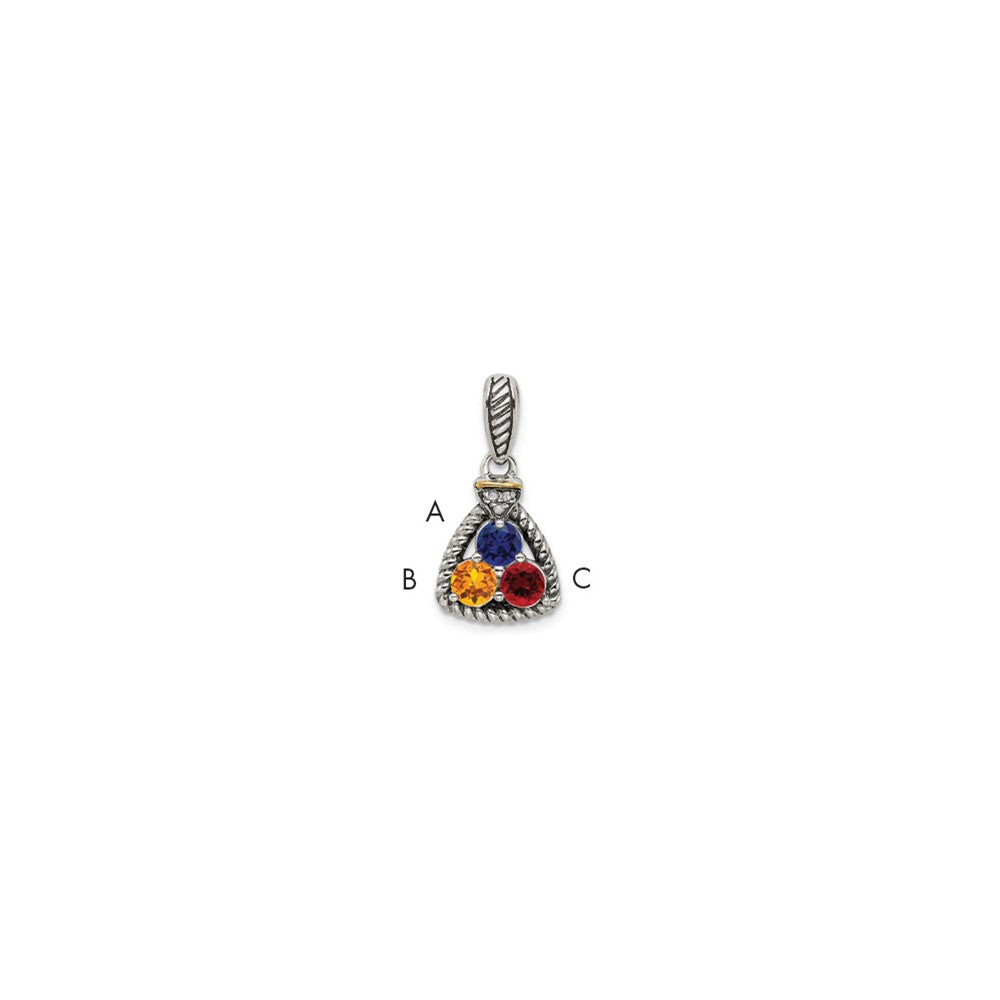 Sterling Silver Antiqued with 14k 3-stone with Diamond Mothers Pendant Semi-Mount