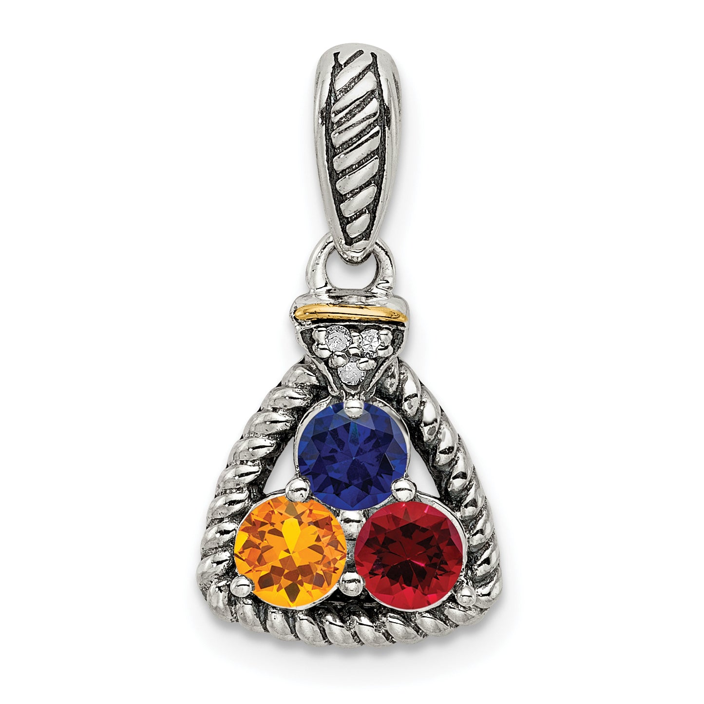 Sterling Silver Antiqued with 14k 3-stone with Diamond Mothers Pendant Semi-Mount