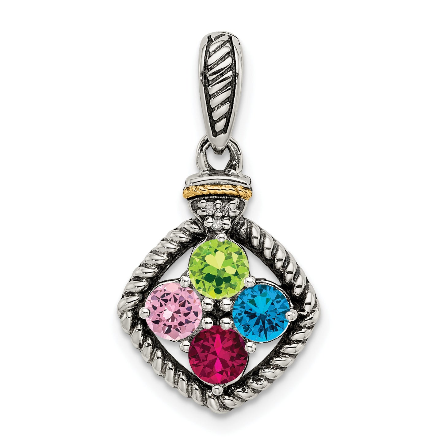 Sterling Silver Antiqued with 14k 4-stone with Diamond Mothers Pendant Semi-Mount