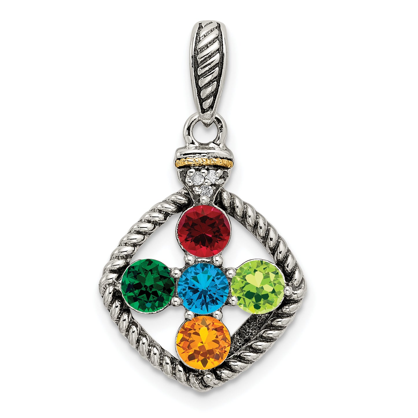 Sterling Silver Antiqued with 14k 5-stone with Diamond Mothers Pendant Semi-Mount