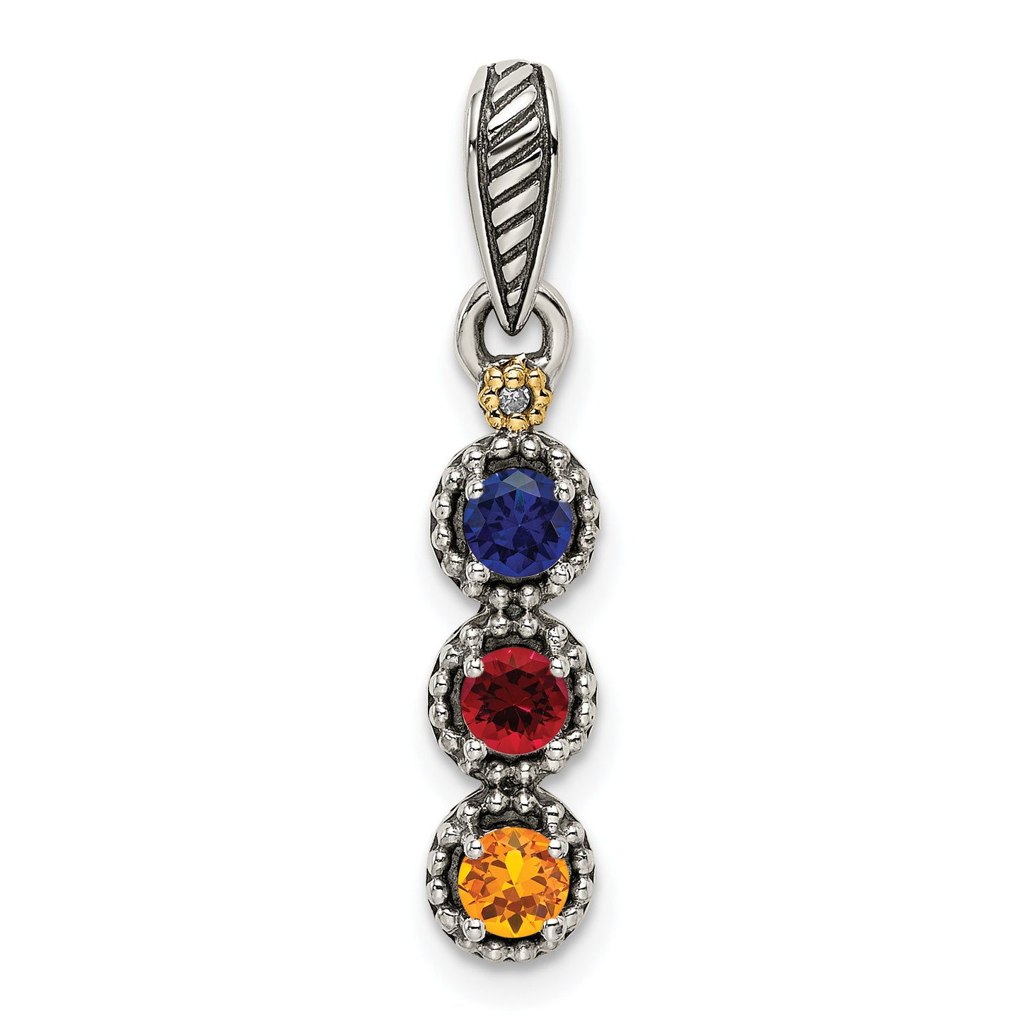 Sterling Silver Antiqued with 14k 3-stone with Diamond Mothers Pendant Semi-Mount