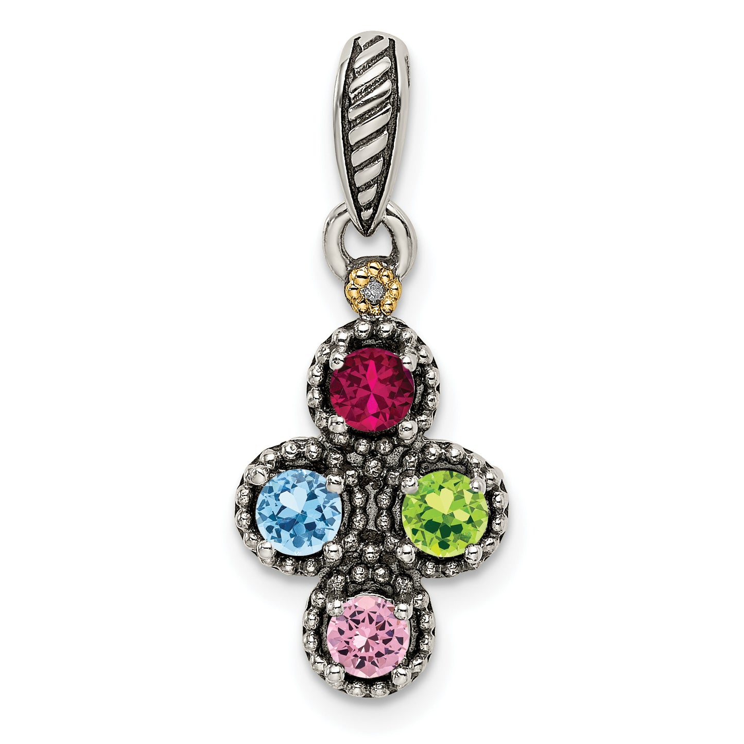 Sterling Silver Antiqued with 14k 4-stone with Diamond Mothers Pendant Semi-Mount