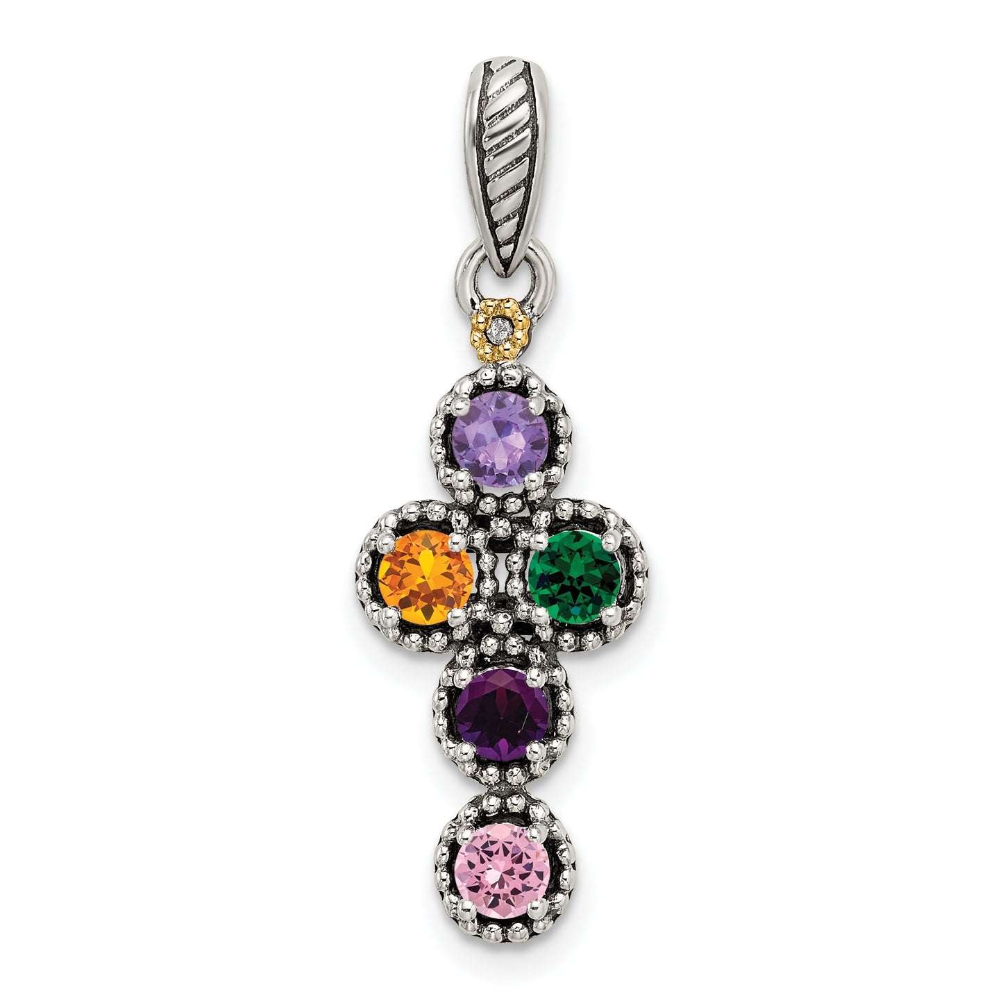 Sterling Silver Antiqued with 14k 5-stone with Diamond Mothers Pendant Semi-Mount