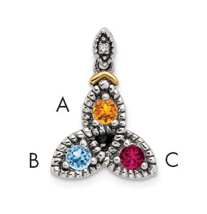 Sterling Silver & 14k 3stone and Diamond Mother's Pendant on 18in Chain