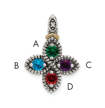 Sterling Silver & 14k 4stone and Diamond Mother's Pendant on 18in Chain