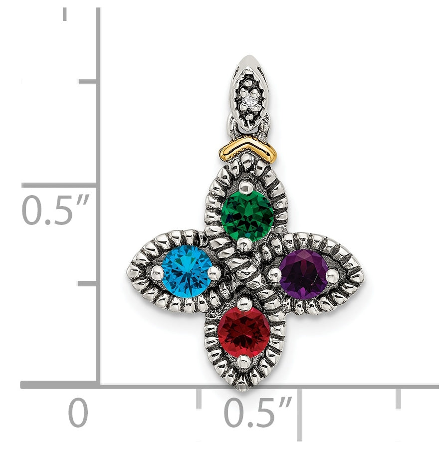 Sterling Silver & 14k 4stone and Diamond Mother's Pendant on 18in Chain