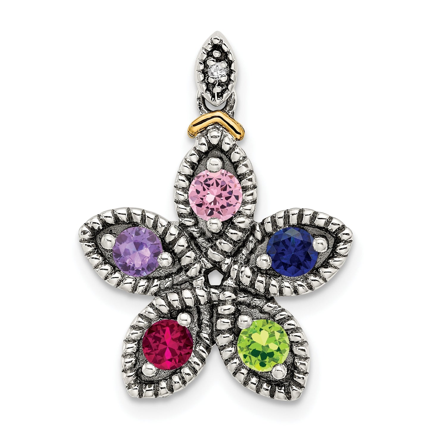 Sterling Silver Antiqued with 14k 5-stone with Diamond Mother's Pendant Semi-Mount