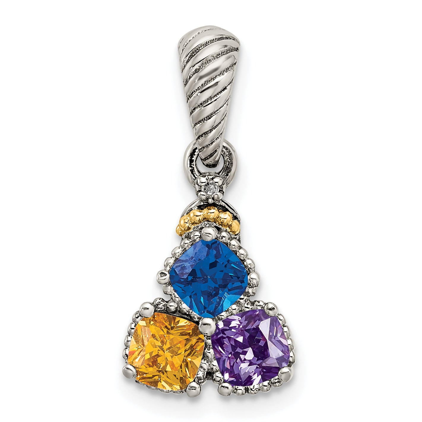 Sterling Silver Antiqued with 14k 3-stone with Diamond Mothers Pendant Semi-Mount