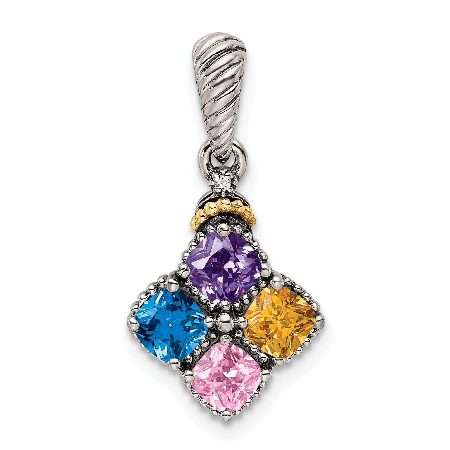 Sterling Silver Antiqued with 14k 4-stone with Diamond Mothers Pendant Semi-Mount