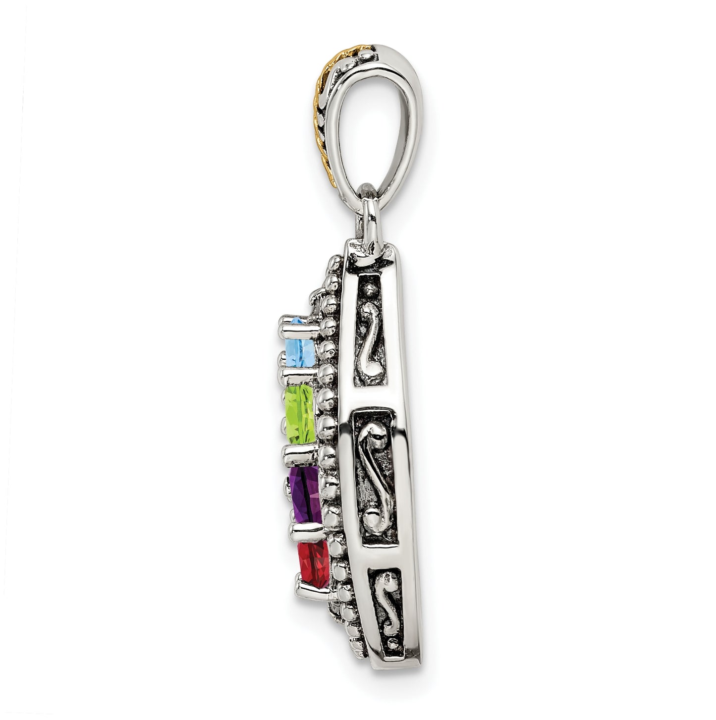 Sterling Silver Antique with 14k 5-stone with Diamond Family Pendant with 18in Chain