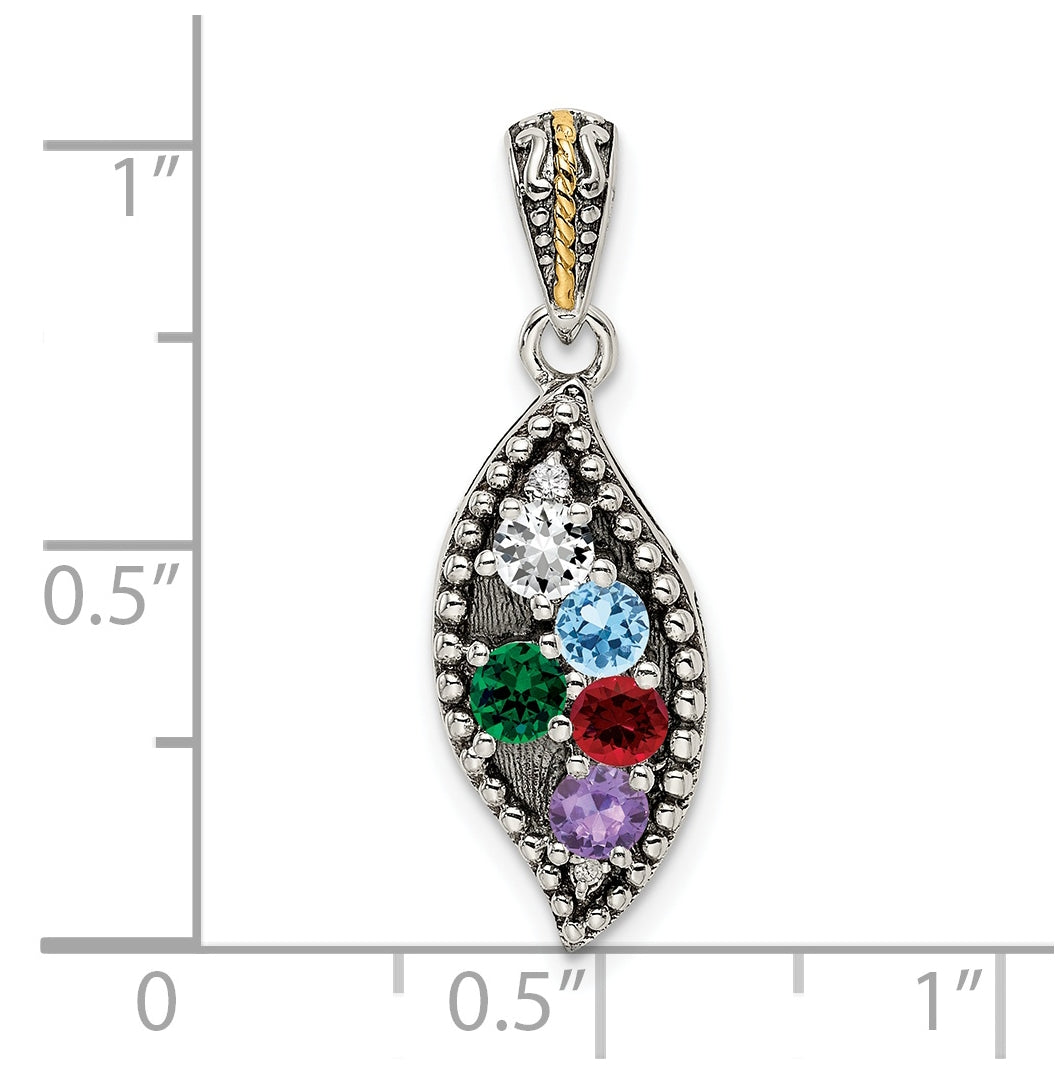 Sterling Silver Antique with 14k 5-stone with Diamond Family Pendant with 18in Chain