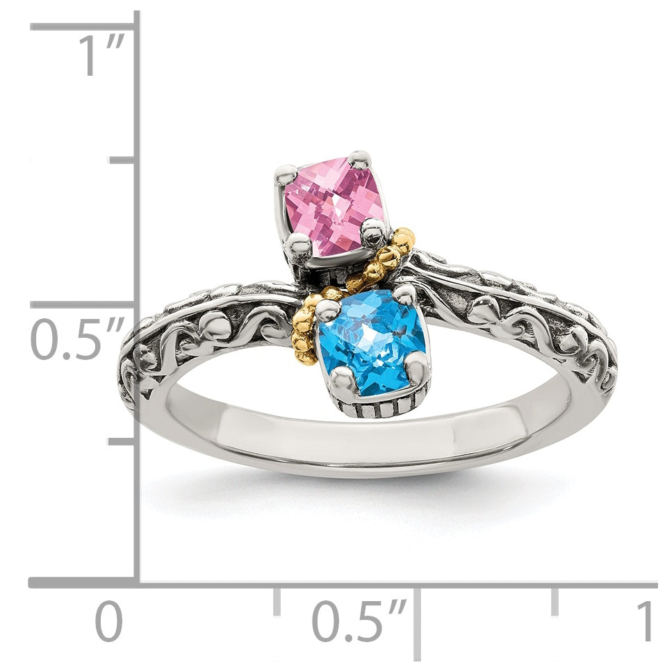 Sterling Silver Antiqued with 14k 2-stone Mothers Ring, Size 8