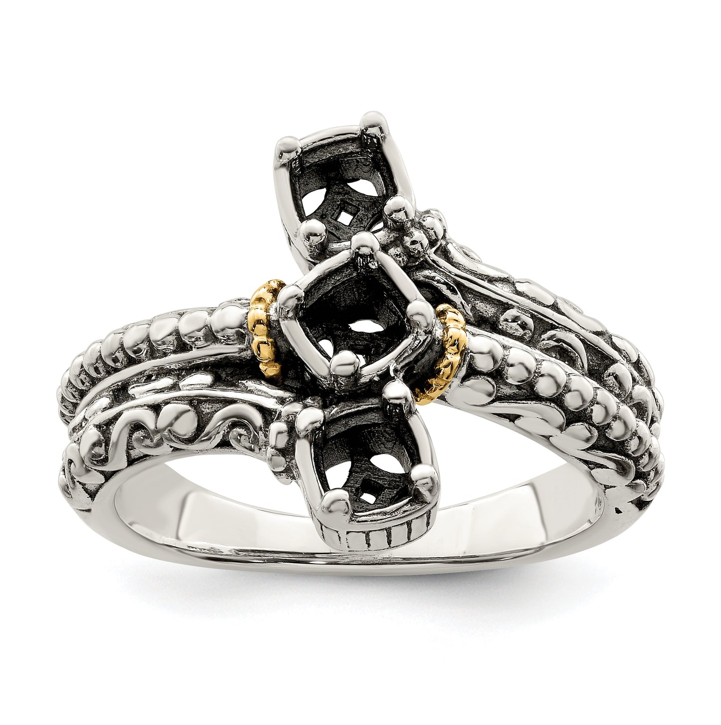 Sterling Silver Antiqued with 14k 3-stone Mothers Ring, Size 10
