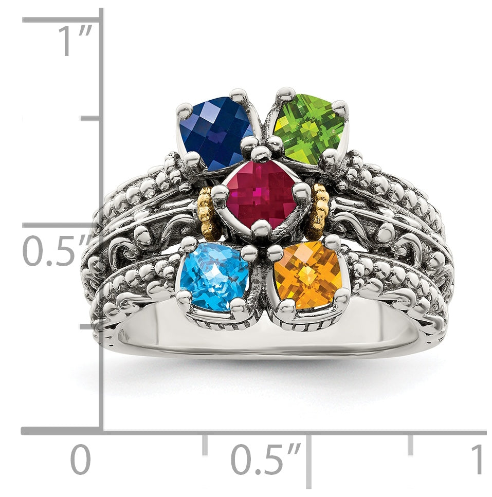 Sterling Silver Antiqued w/ 14k 5-stone Mother's Ring, Size 9