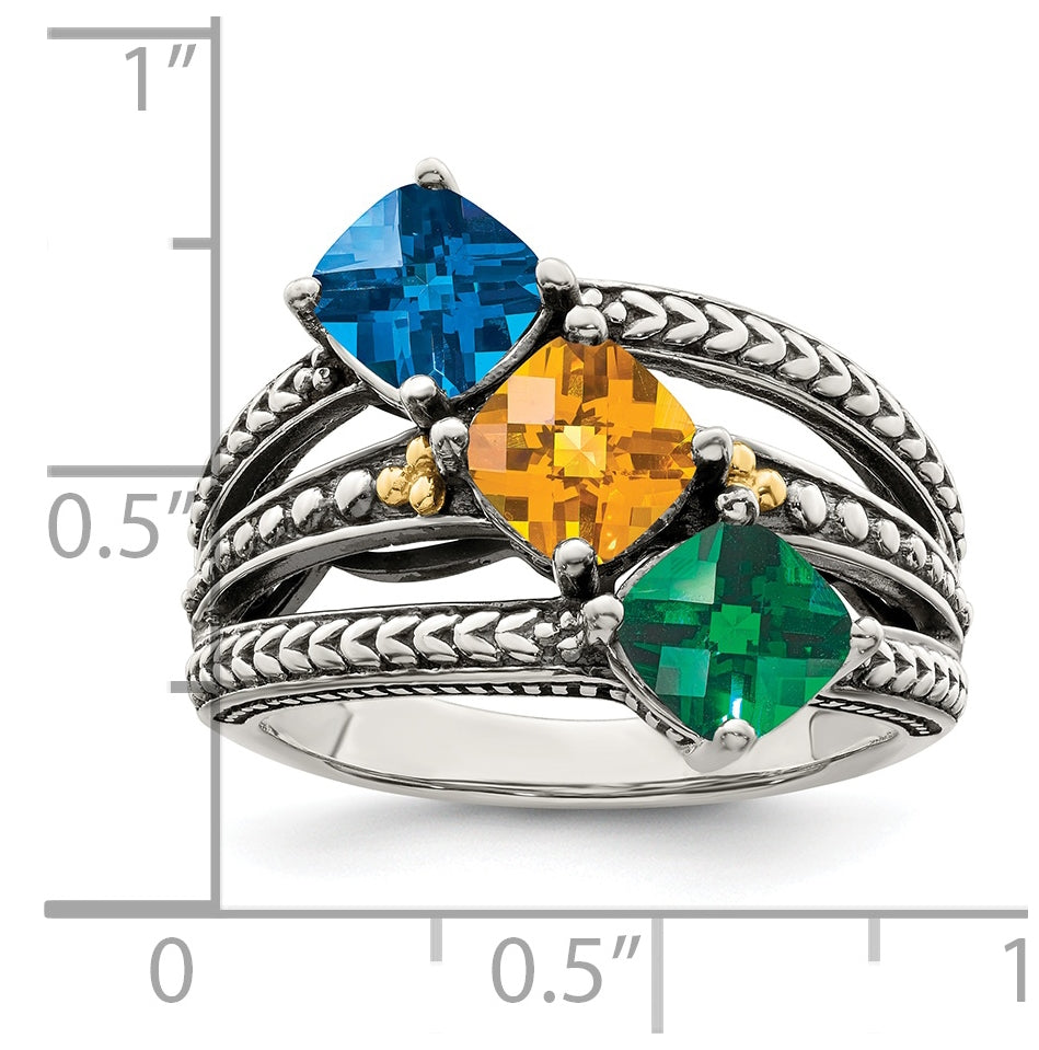 Sterling Silver Antiqued w/ 14k 3-stone Mother's Ring, Size 9
