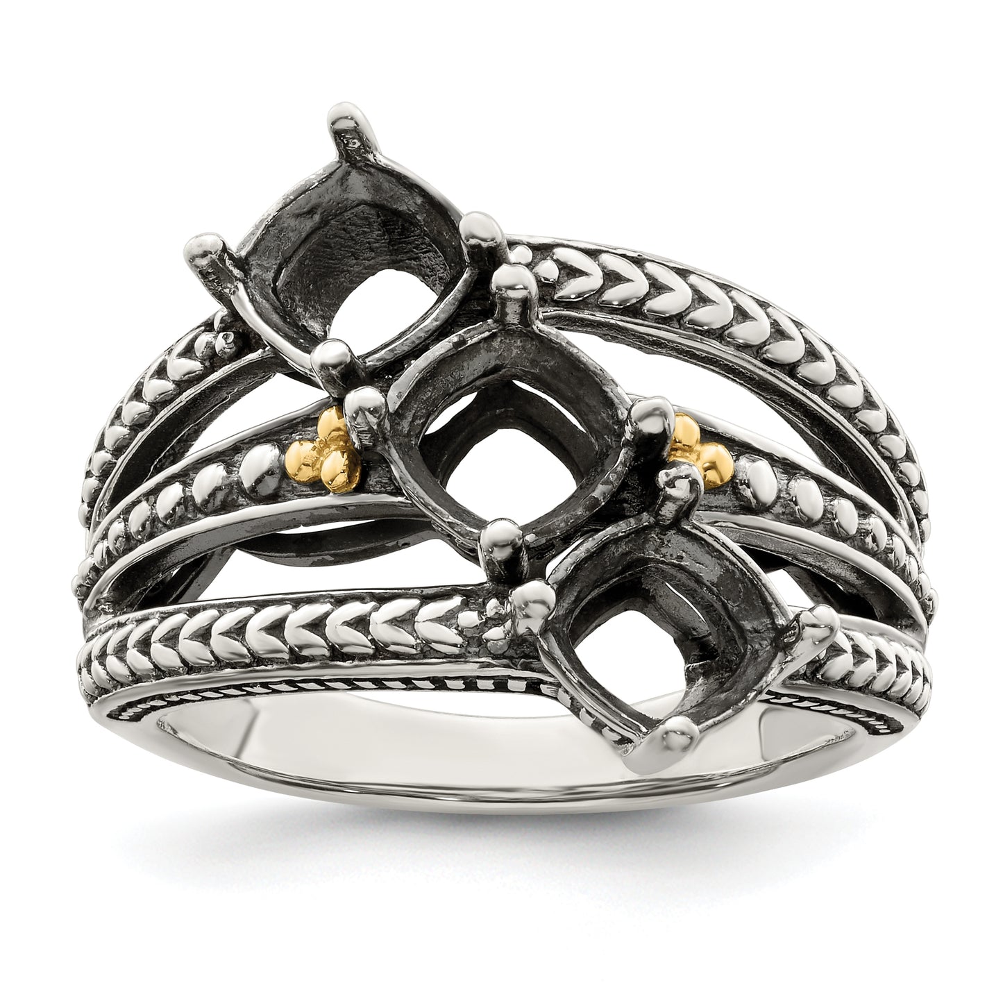 Sterling Silver Antiqued w/ 14k 3-stone Mother's Ring, Size 6