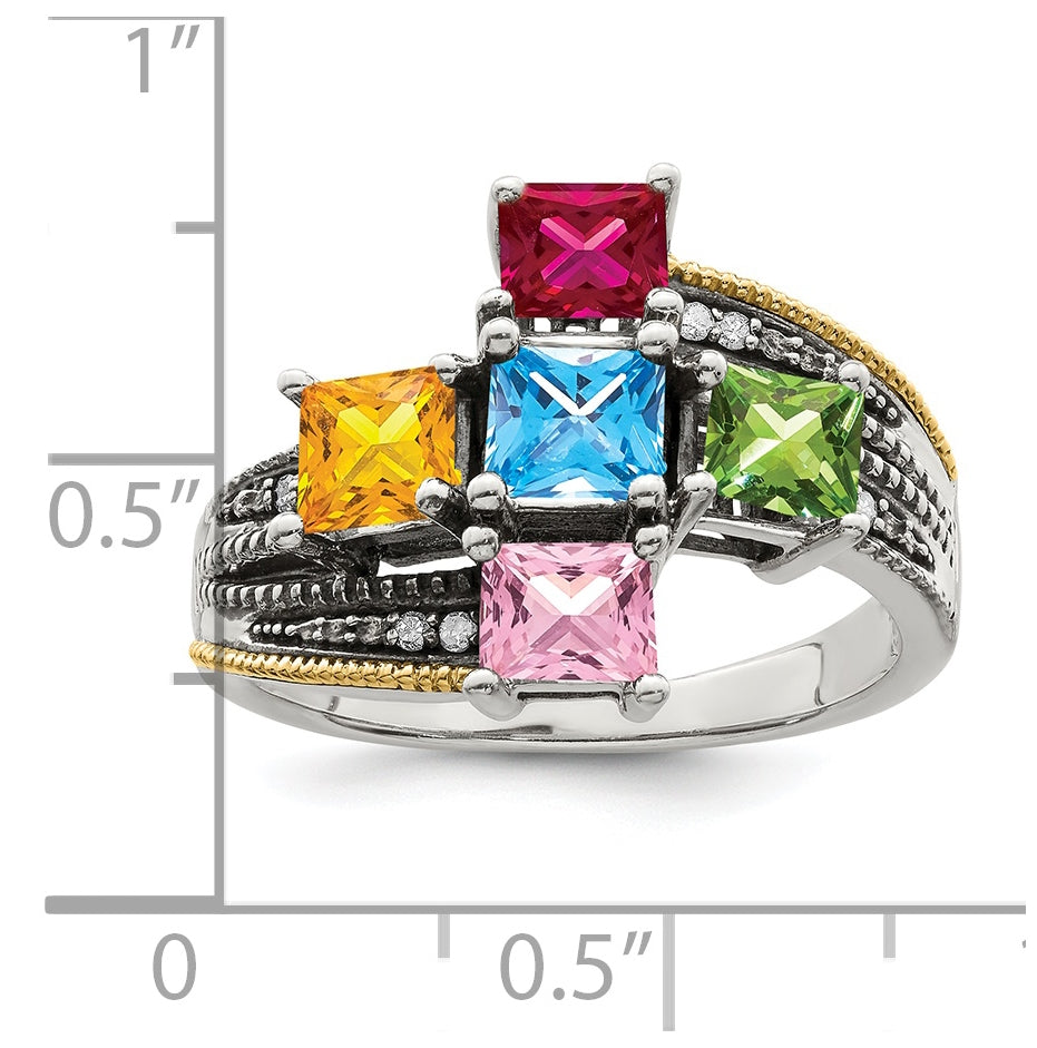 Sterling Silver Antiqued w/ 14k 5-stone w/ Diamond Mother's Semi-Mount Ring, Size 6