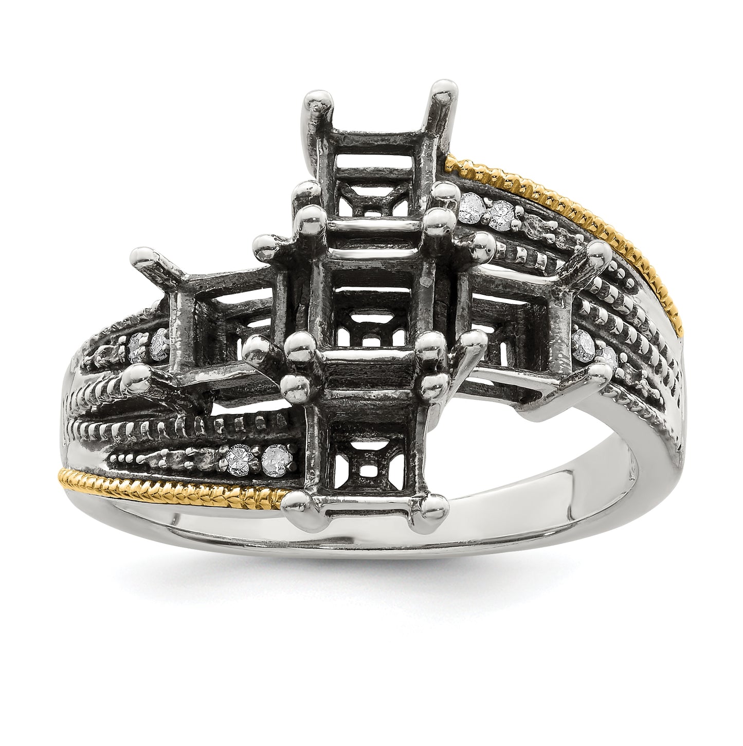 Sterling Silver Antiqued w/ 14k 5-stone w/ Diamond Mother's Semi-Mount Ring, Size 8