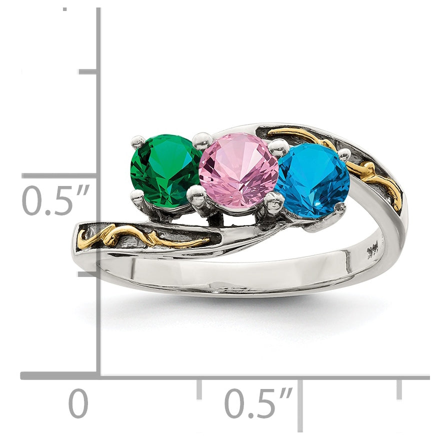 Sterling Silver Antiqued with 14k 3-stone Mother's Ring, Sz 8