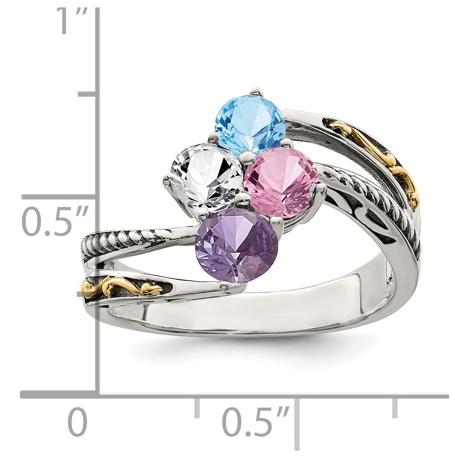 Sterling Silver Antiqued with 14k 4stone Mothers Ring, Size 6