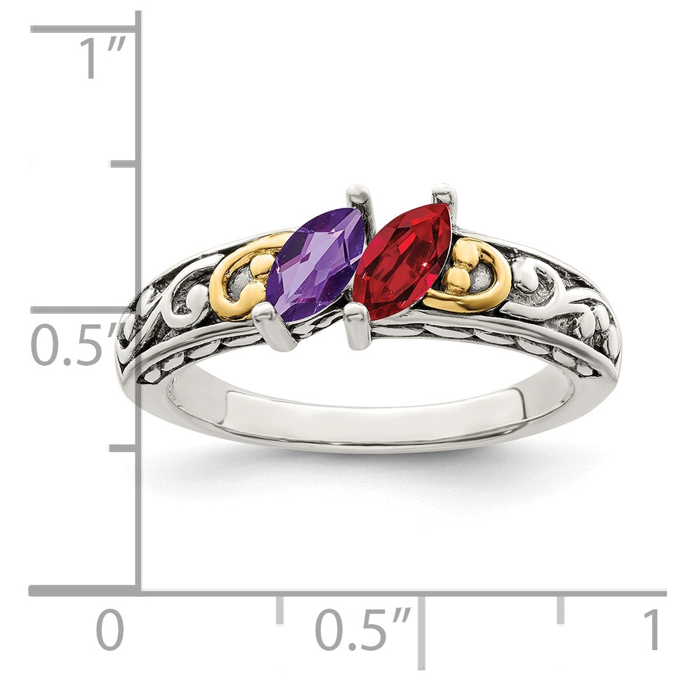 Sterling Silver Antiqued with 14k 2-stone Mother's Ring, Size 8