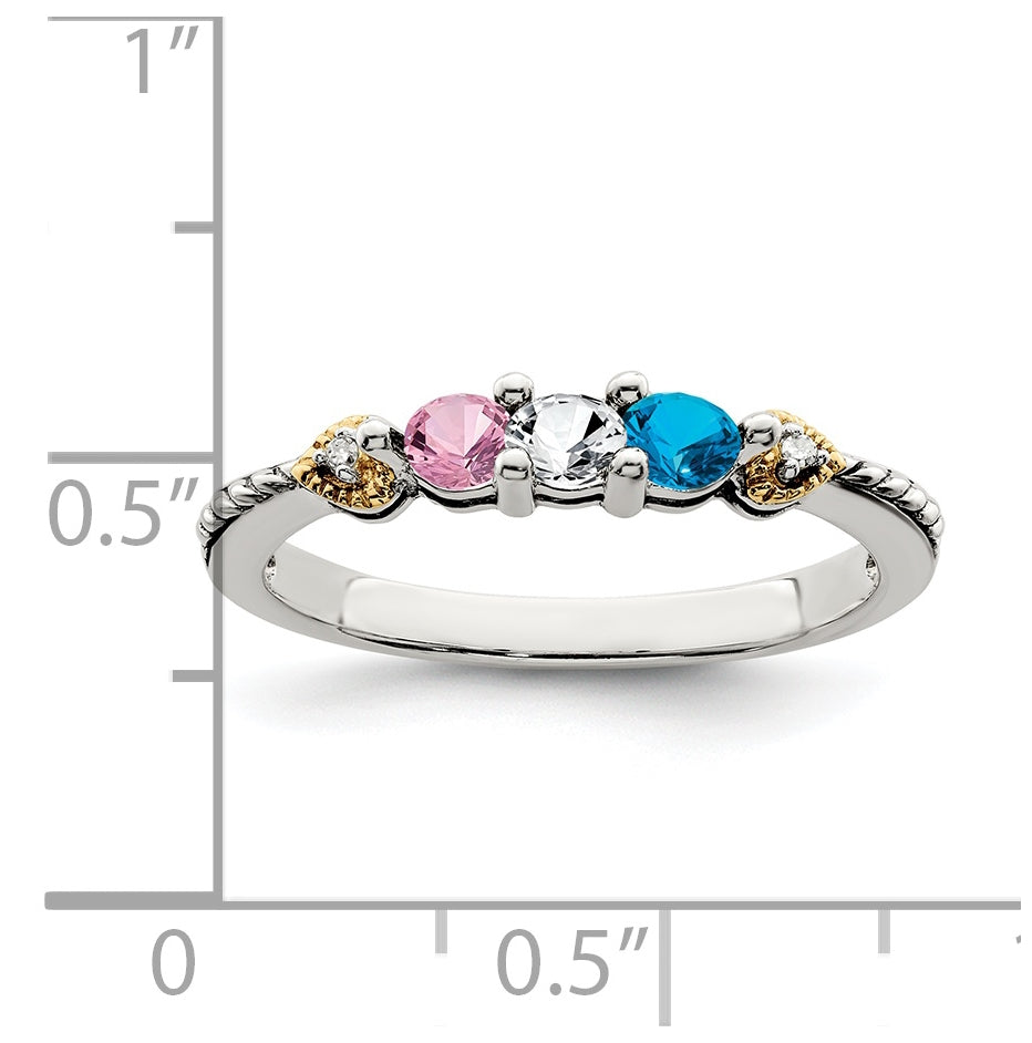 Sterling Silver Antiqued with 14k 3-stone with Diamond Mother's Semi-Mount Ring, Size 7