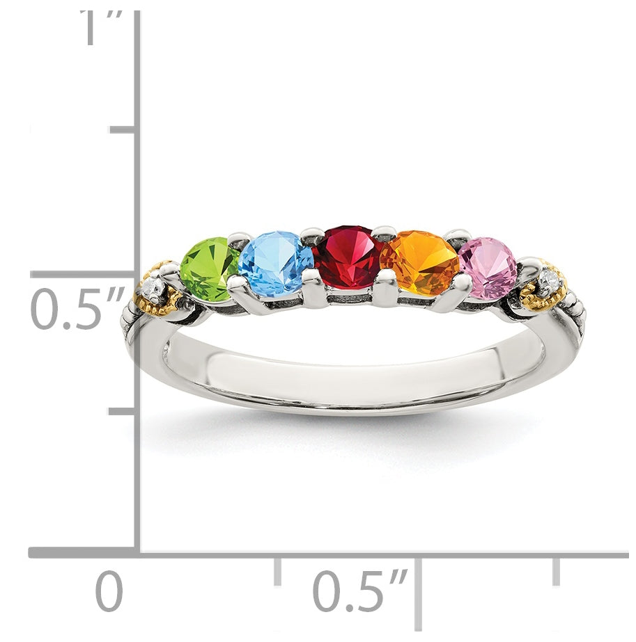 Sterling Silver Antiqued with 14k 5-stone with Diamond Mother's Semi-Mount Ring, Size 9