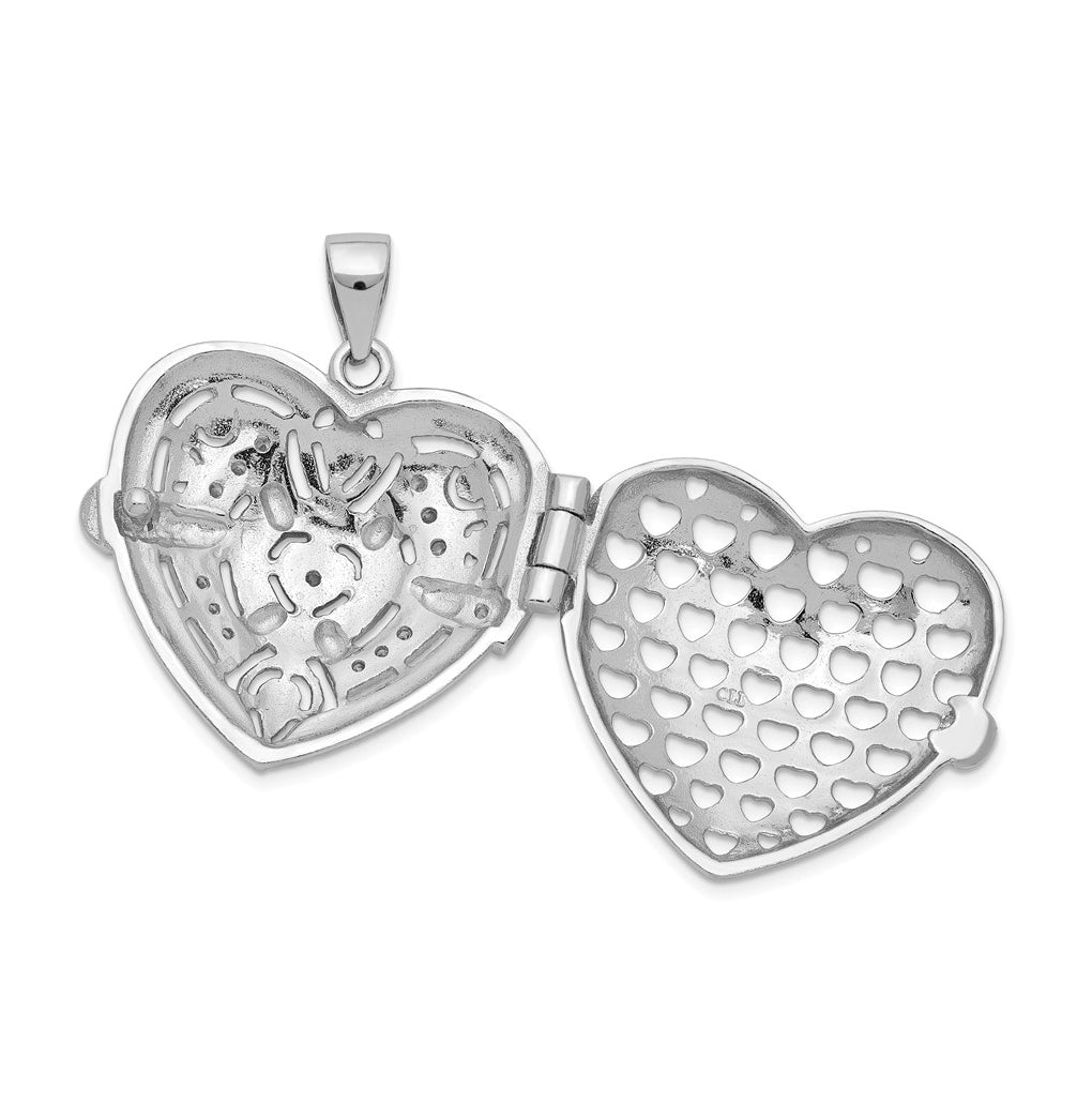 Sterling Silver Rhodium-plated Cubic Zirconia Fancy Design Heart 22mm Locket Pendant – Elegant Jewelry Gift for Birthday, Anniversary, Engagement, Wedding