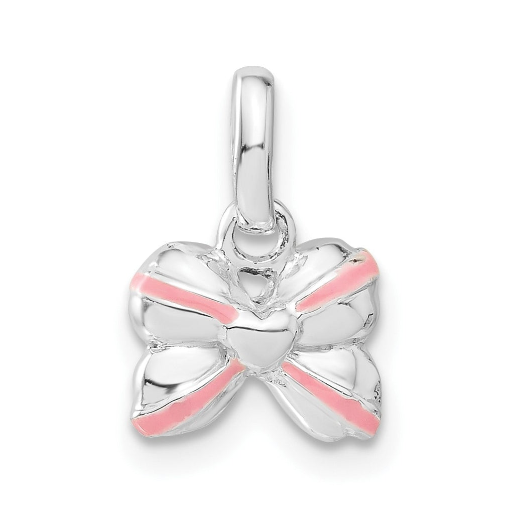 Sterling Silver Pink Enamel & Cubic Zirconia Kid's Bow Pendant
