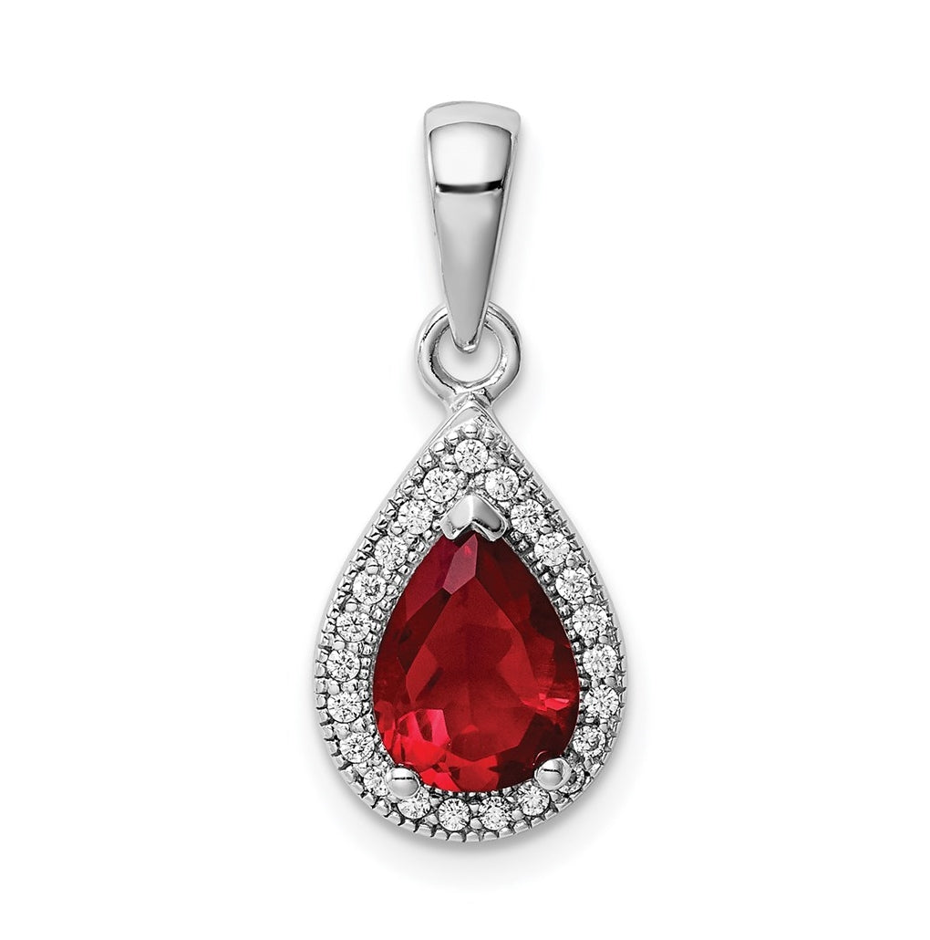 Sterling Silver Rhod Plated Red and Clear Cubic Zirconia Pendant