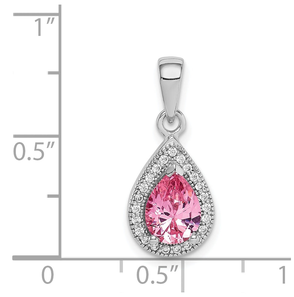 Sterling Silver Rhodium Plated Pink and Clear Cubic Zirconia Pendant
