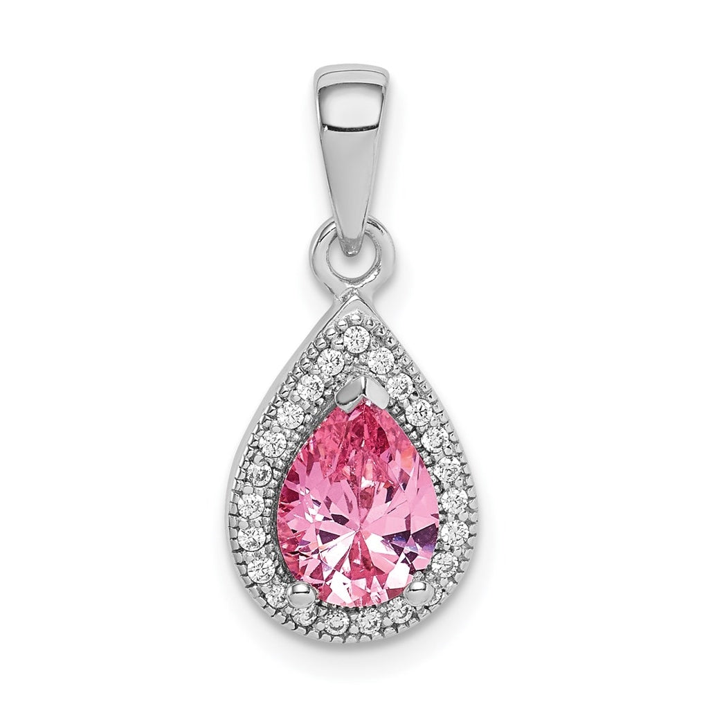 Sterling Silver Rhodium Plated Pink and Clear Cubic Zirconia Pendant