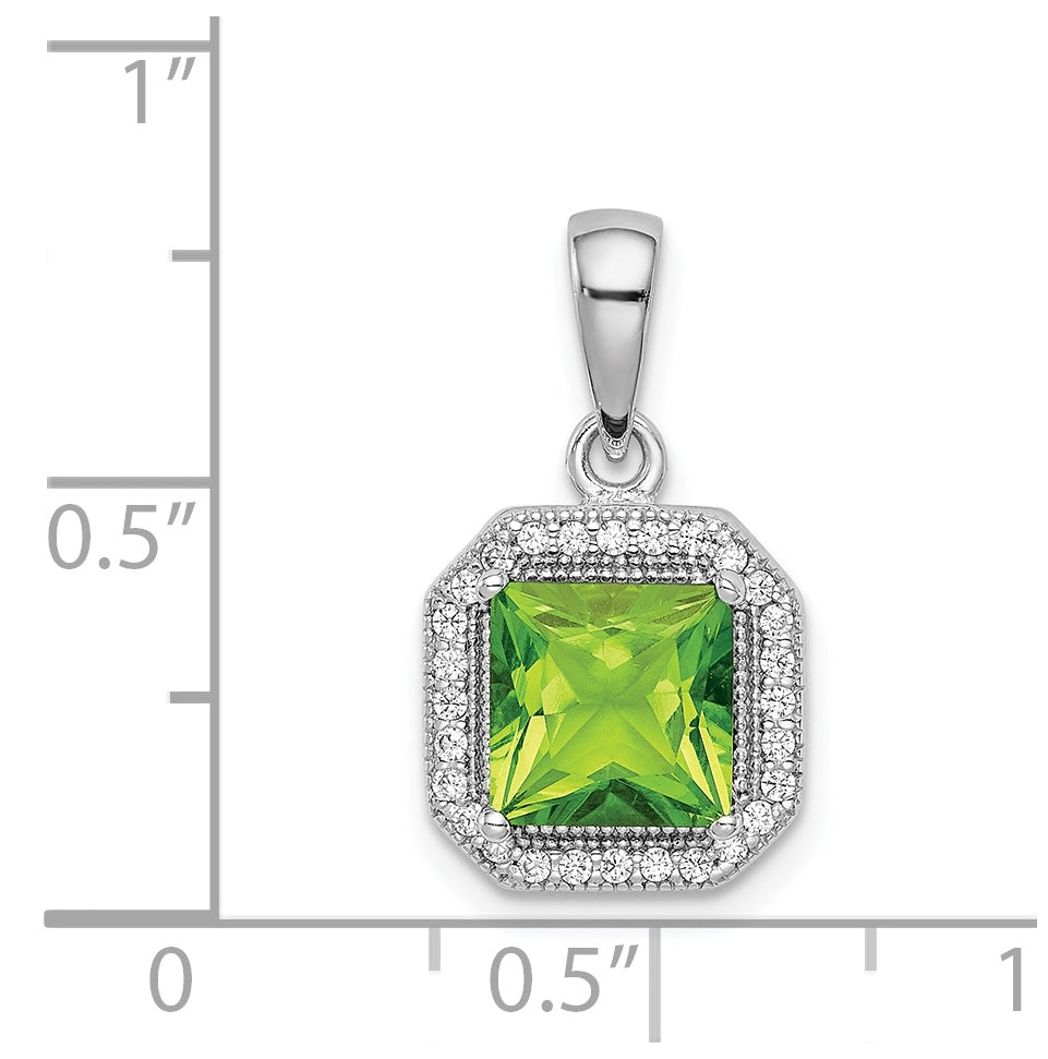 Sterling Silver Rhodium Plated Clear Cubic Zirconia and Square Green Cubic Zirconia Pendant, August