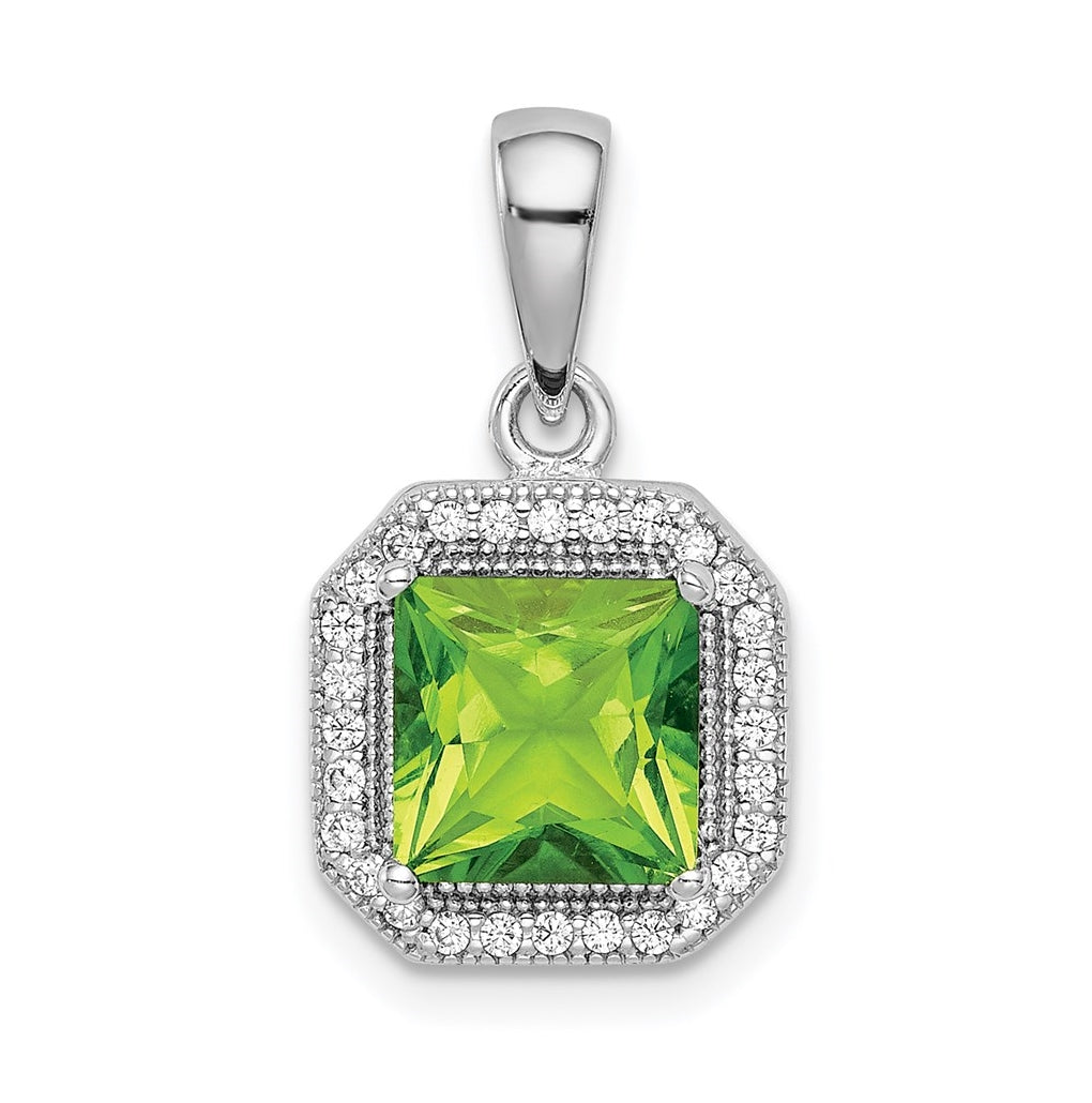 Sterling Silver Rhodium Plated Clear Cubic Zirconia and Square Green Cubic Zirconia Pendant, August