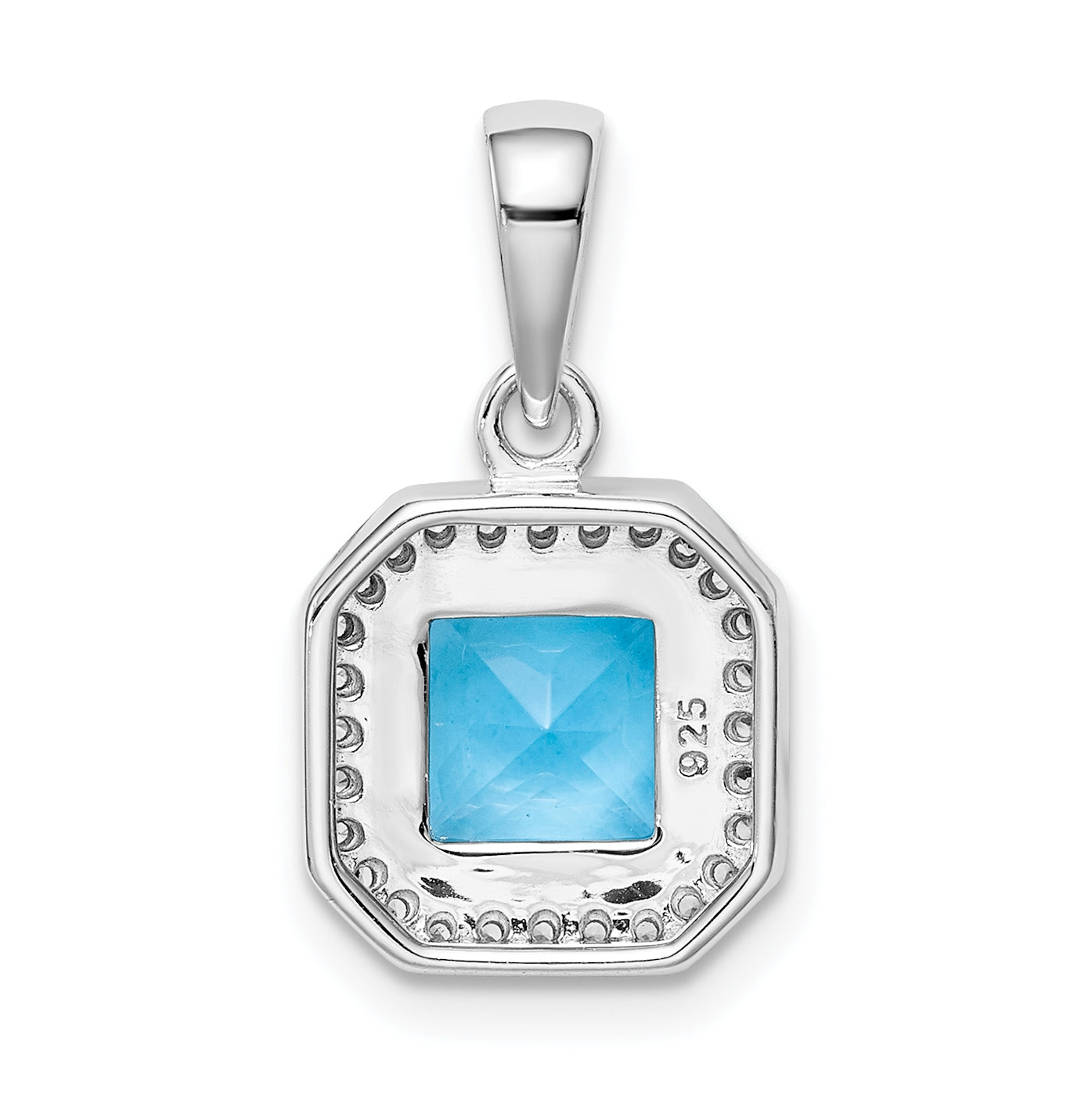 Sterling Silver Rhodium Plated Clear Cubic Zirconia and Square Blue Cubic Zirconia Pendant, December