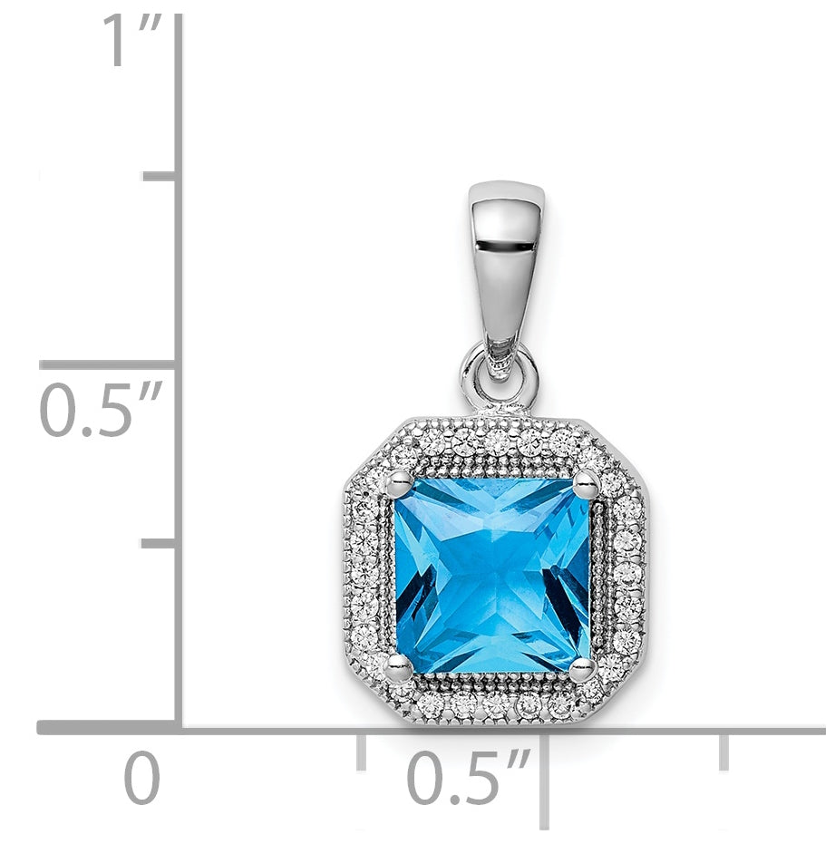Sterling Silver Rhodium Plated Clear Cubic Zirconia and Square Blue Cubic Zirconia Pendant, December