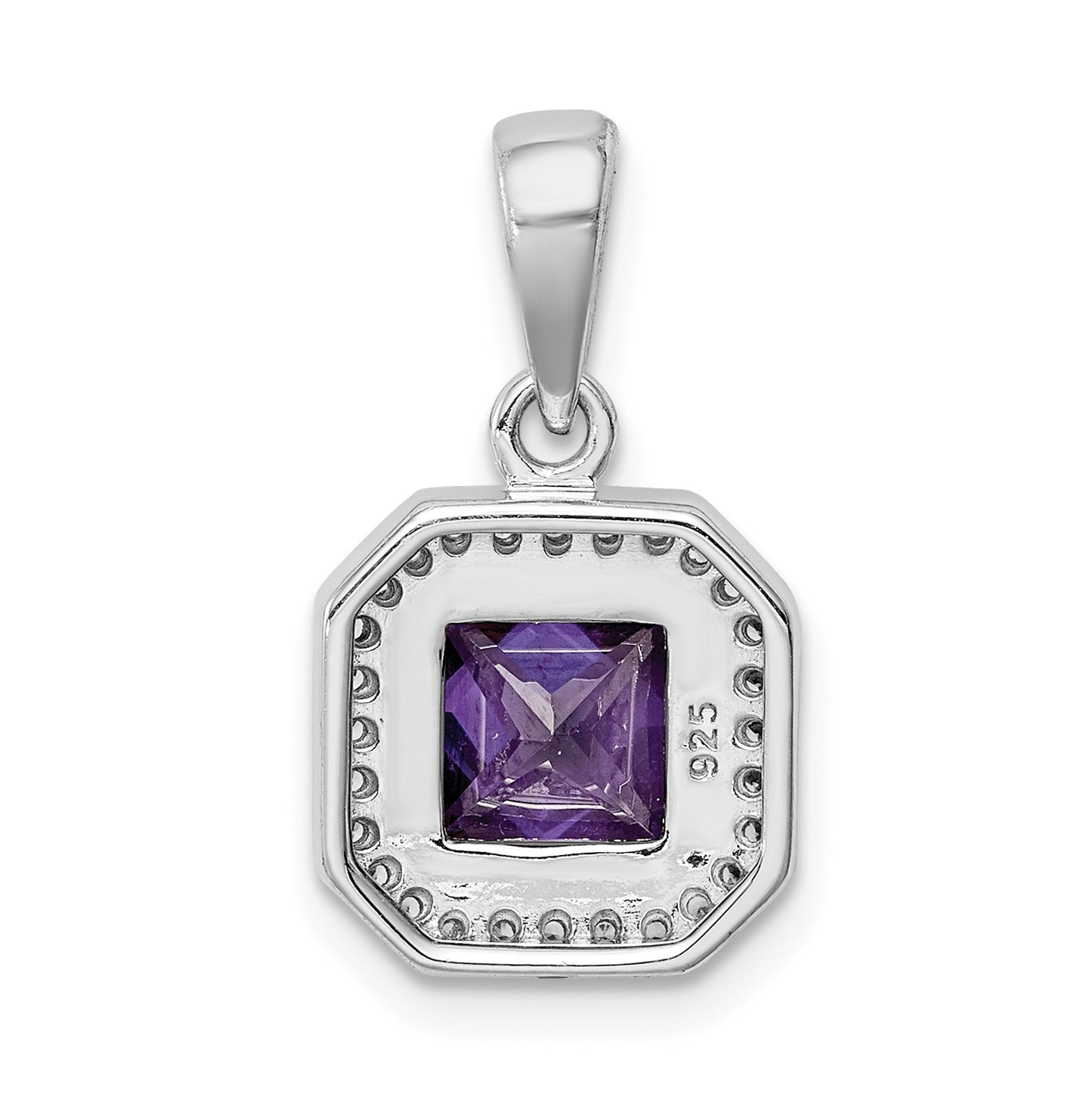 Sterling Silver Rhodium Plated Clear Cubic Zirconia and Square Purple Cubic Zirconia Pendant