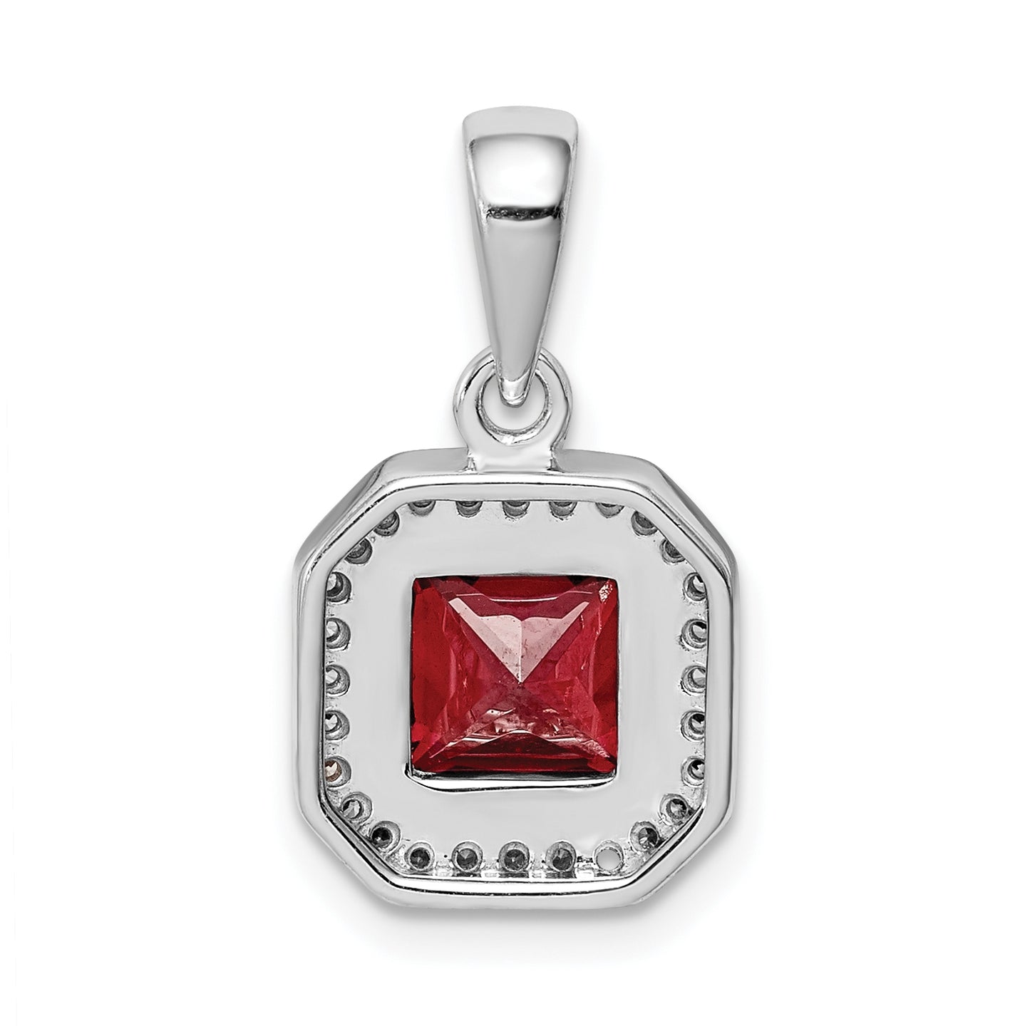 Sterling Silver Rhodium Plated Clear Cubic Zirconia and Square Red Cubic Zirconia Pendant, January