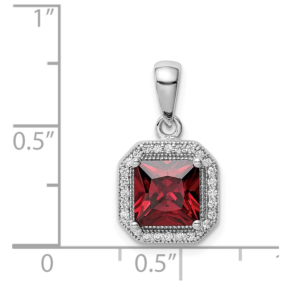 Sterling Silver Rhodium Plated Clear Cubic Zirconia and Square Red Cubic Zirconia Pendant, January