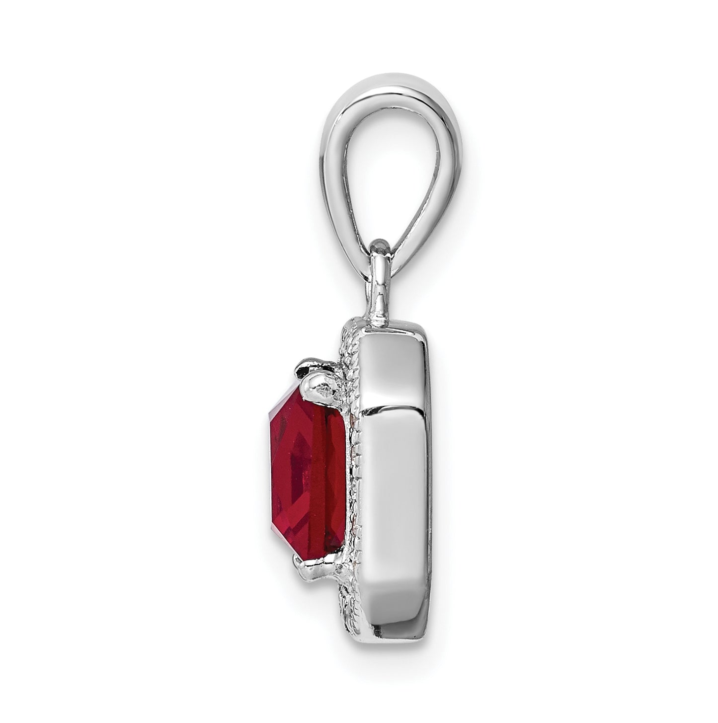 Sterling Silver Rhodium Plated Clear Cubic Zirconia and Square Red Cubic Zirconia Pendant, July