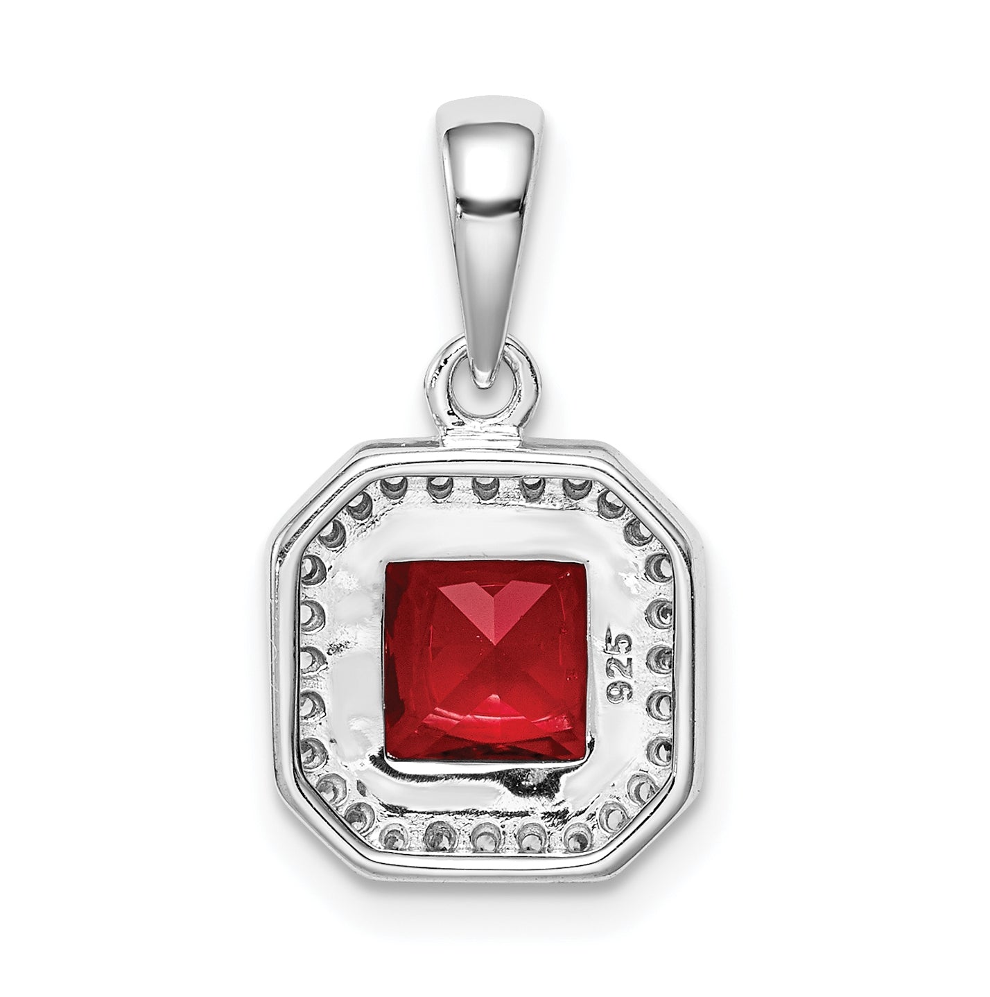 Sterling Silver Rhodium Plated Clear Cubic Zirconia and Square Red Cubic Zirconia Pendant, July