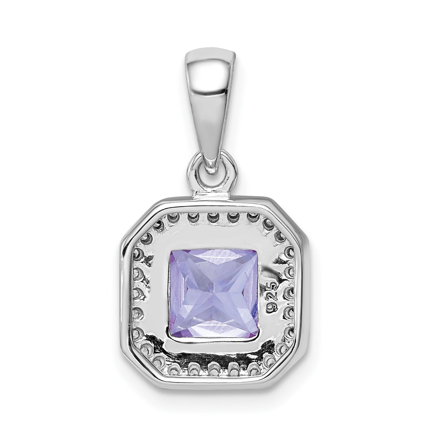Sterling Silver Rhodium Plated Clear Cubic Zirconia and Square Light Purple Cubic Zirconia Pendant